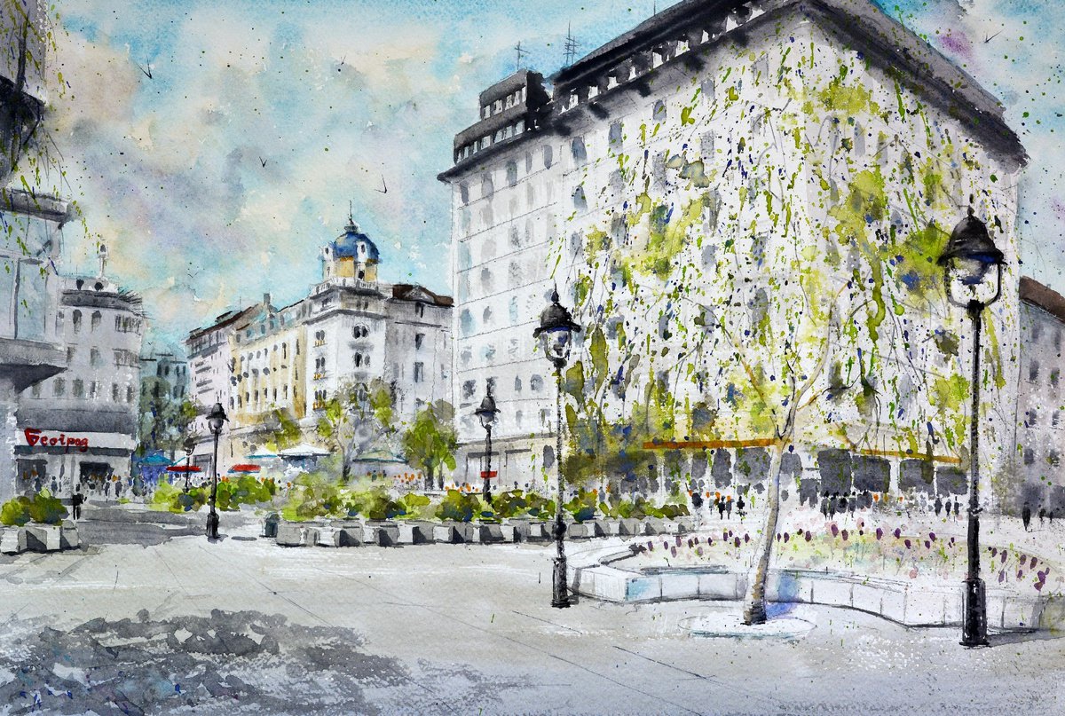 Impressionistic Cityscapes Watercolour By Nenad Kojic, 22 X 15", Old Republic Square Belgrade, Original Artwork