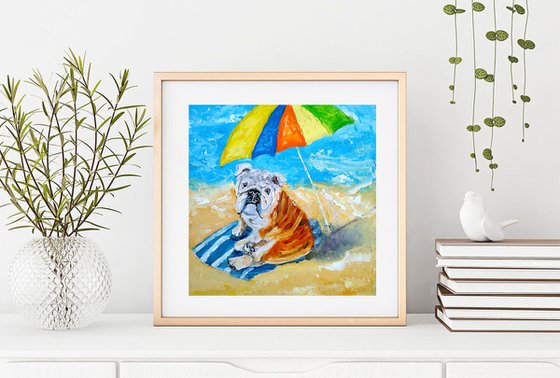 Beach season, Bulldog Painting Original Art Funny Pet Artwork Beach Wall Art English Bulldog on the beach