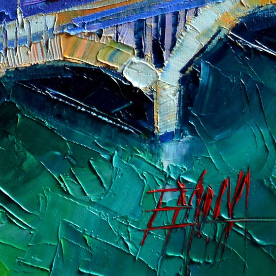 Pont Wilson and Hotel Dieu de Lyon - contemporary impressionist palette knife oil painting