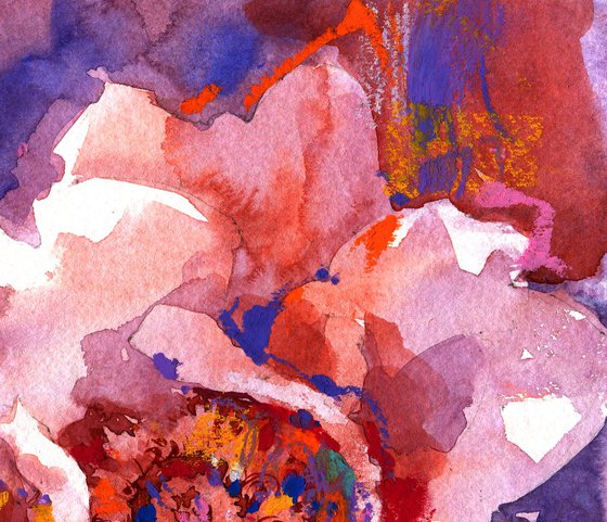 "Peony flower at sunset" - Textured abstract botanical mixed media artwork in bright purple and orange colors