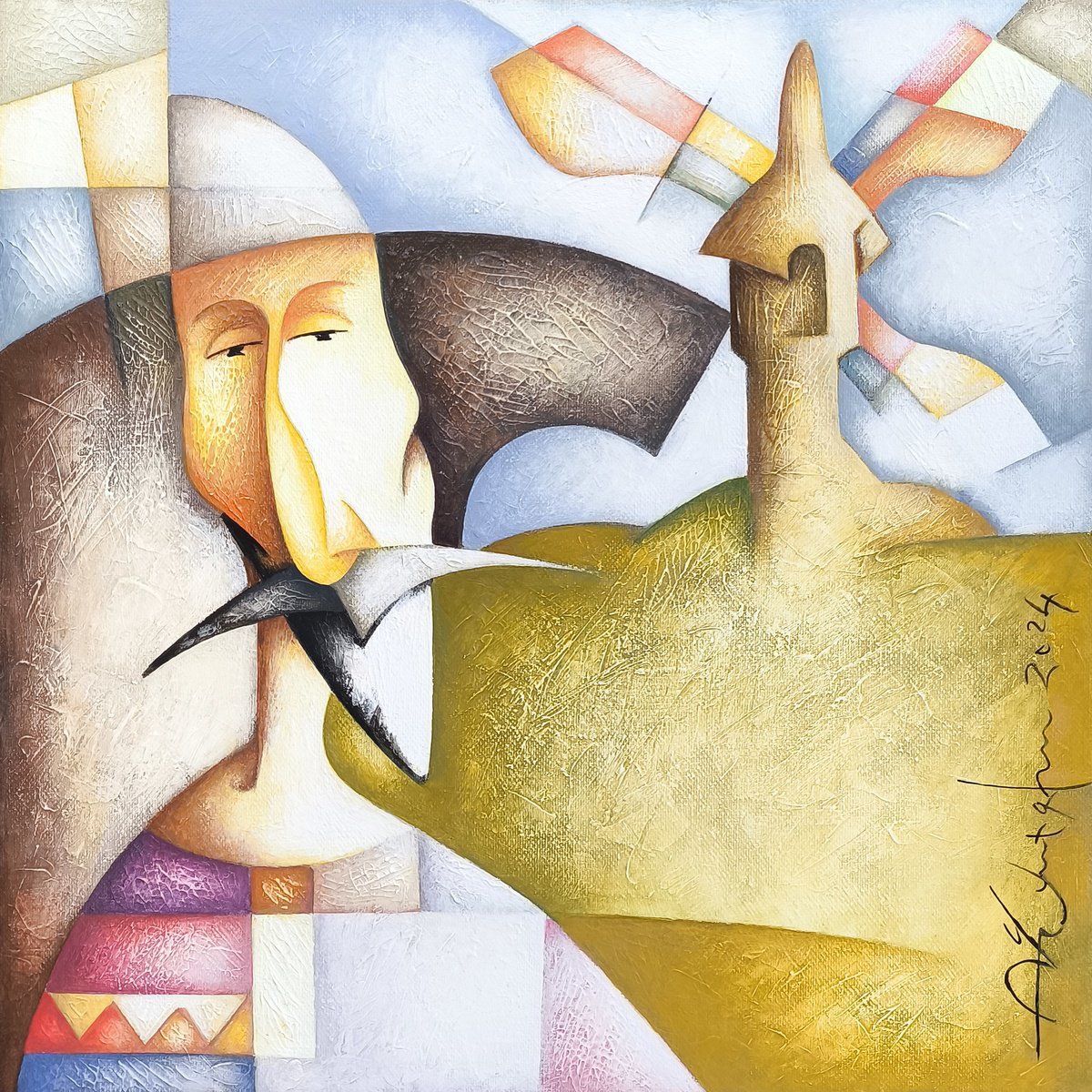 Naive Portrait Oil Painting By Sargis Zakarian, 16 X 16", Quixotic Horizons, Original Artwork