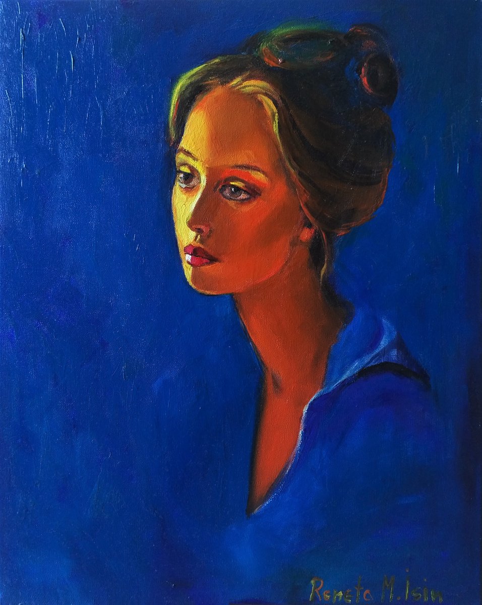 Impressionistic Portrait Oil Painting By Reneta Isin, 16 X 20", " Fiery Blue ", Original Artwork