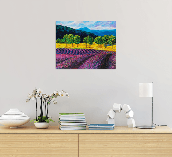 Lavender fields - Landscape with lavender, trees and mountains Oil painting