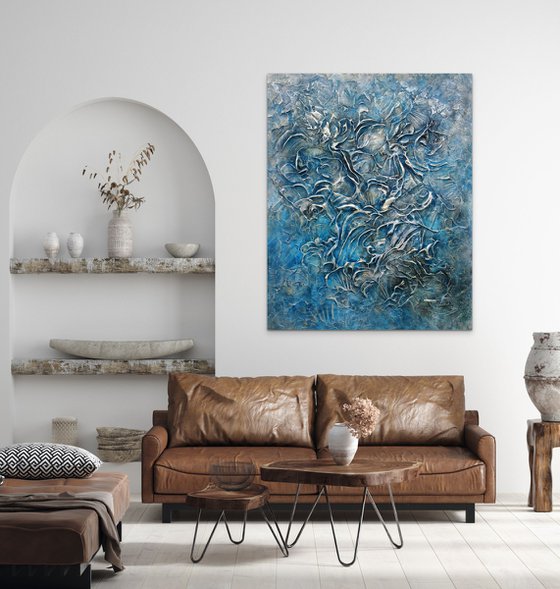 SEA SHELLS IN BLUE. Extra Large Abstract Textured Painting