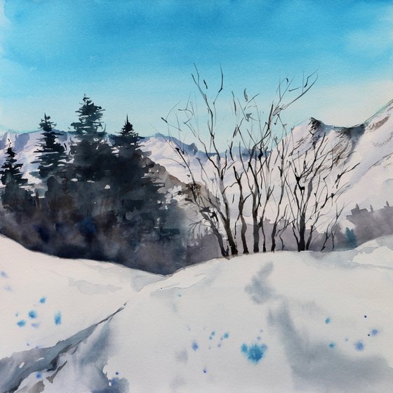 Sunny day in the mountains. Winter landscape. Original watercolor artwork.