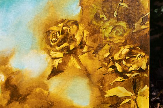 "The roses of the Aegean Sea" - Crete greek island - floral fantasy blue yellow gold brown palette knife modern decorative