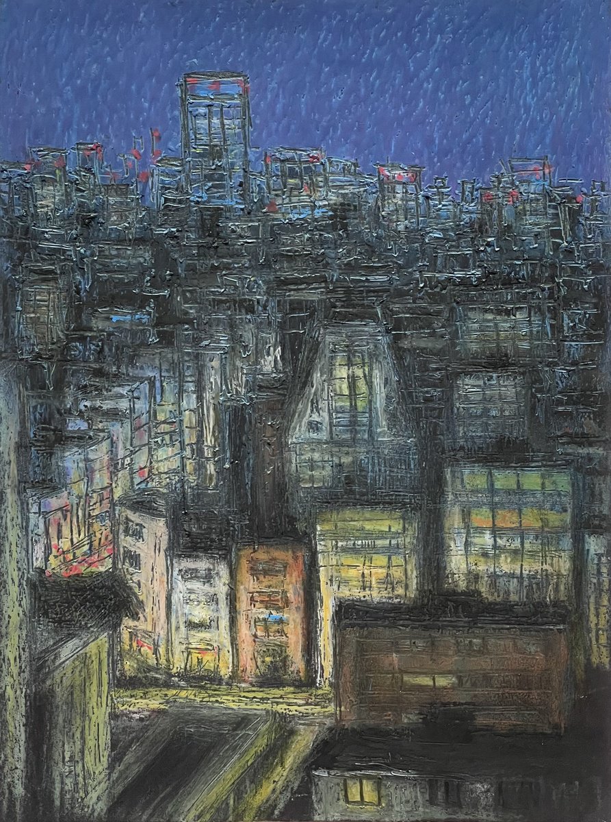 Expressive Cityscapes Pastel Drawing By David Lloyd, 6 X 8, Shrine On The Corner At Night, Original Artwork