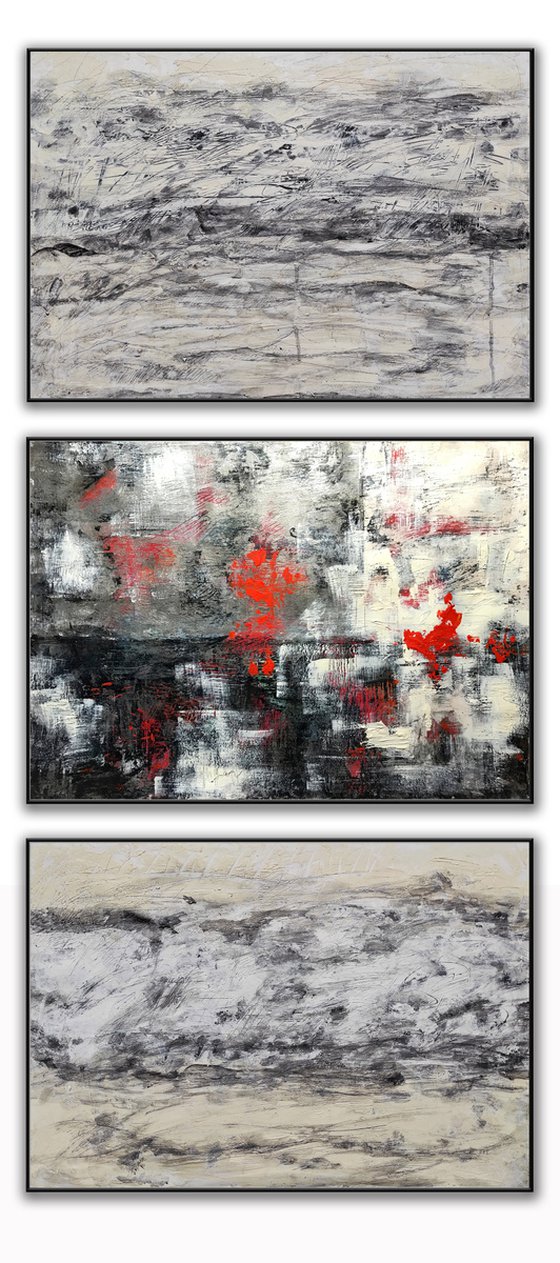 Monochrome beige and red abstract triptych Modern Trinity