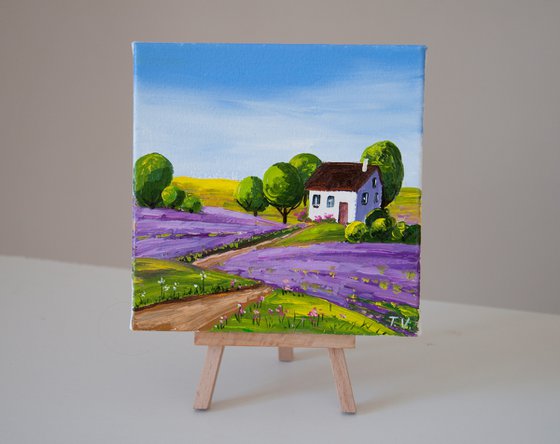 Lavender Fields. Miniature. Oil painting. 6 x 6in.
