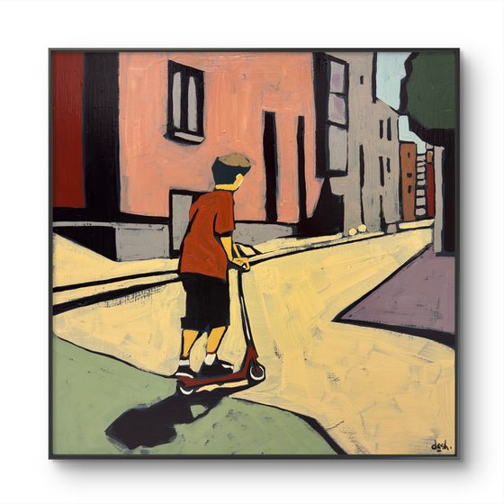Boy on a Scooter — 16x16 in Original Painting