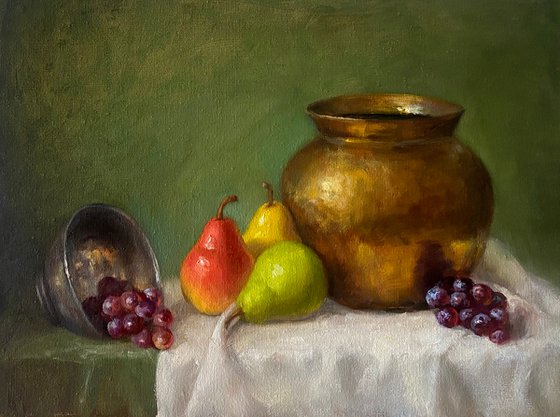 Pears and brass pot
