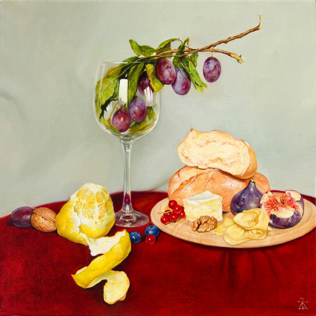 Still life with cheese and plums in the wine glass by Daria Galinski