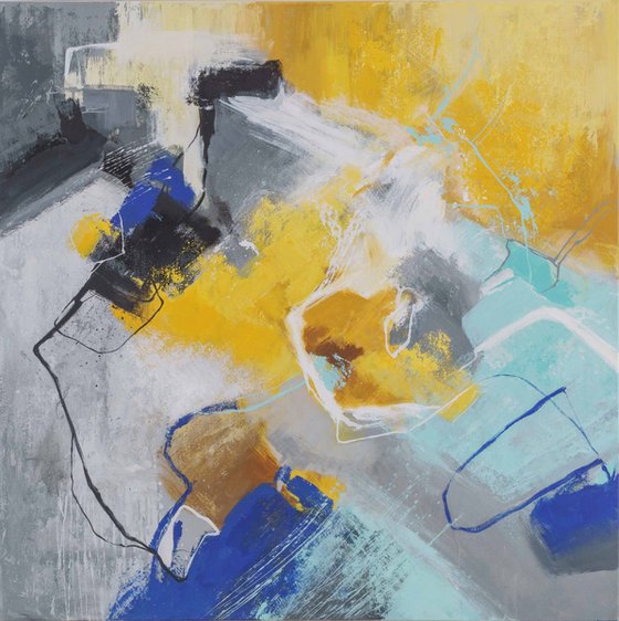 "Warm and cold" Abstrac yellow blue teal art