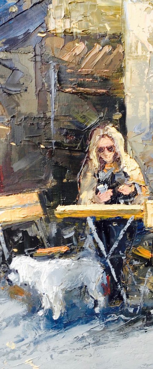 Girl with Poodle in Cafe. by Irina Alexandrina