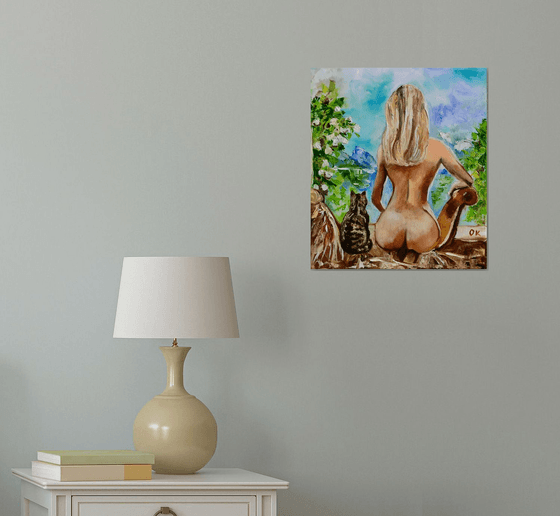 Nude and cat  by the window