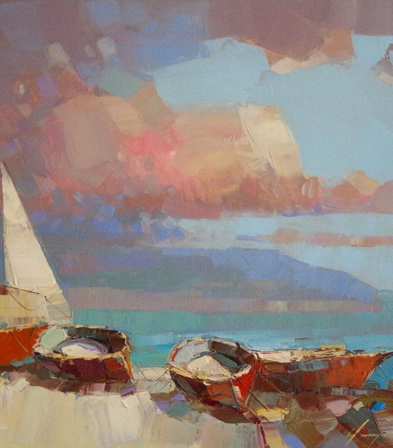 Fishing Boats, Seascape Original oil painting, Handmade artwork, One of a kind