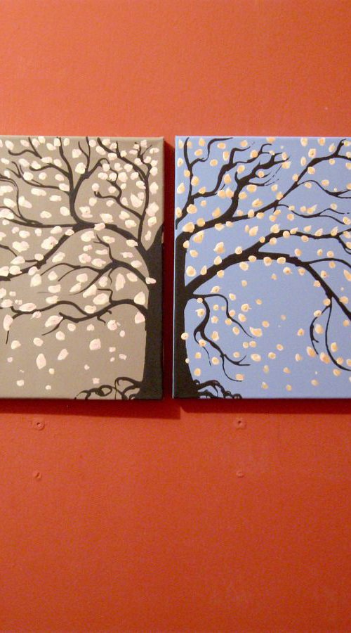 triptych abstract original wall canvas art landscape tree painting canvas triptych wall art "Seasons" pop abstraction contemporary art tree of life blossom " 36 x 12 inches quadriptych by Stuart Wright