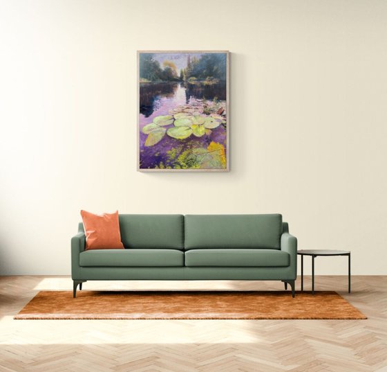 'Water Lilies III' Impressionistic Impasto Large Oil painting