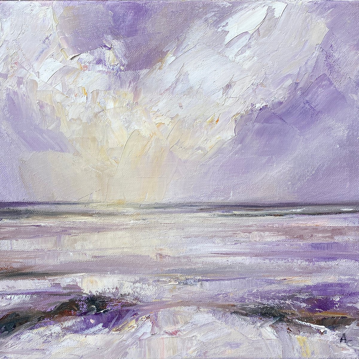 Abstract Landscape Oil Painting By Arti Chauhan, 12 X 12, Purple Dawn, Original Artwork