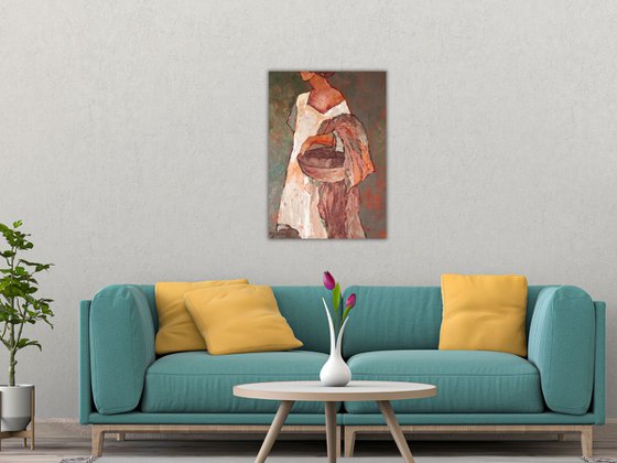 Alone among roses shrubs - Figurative Woman Painting on Canvas