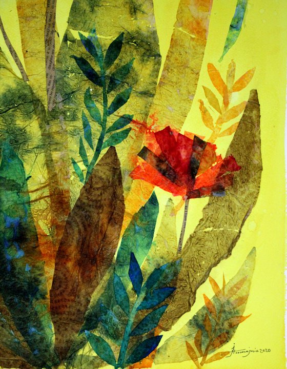 Tropical 1, Colored tissue collage on paper, 50 x 70 cm