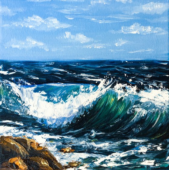 SEA SALT, Original Oil Color Blue Waves Seascape Painting