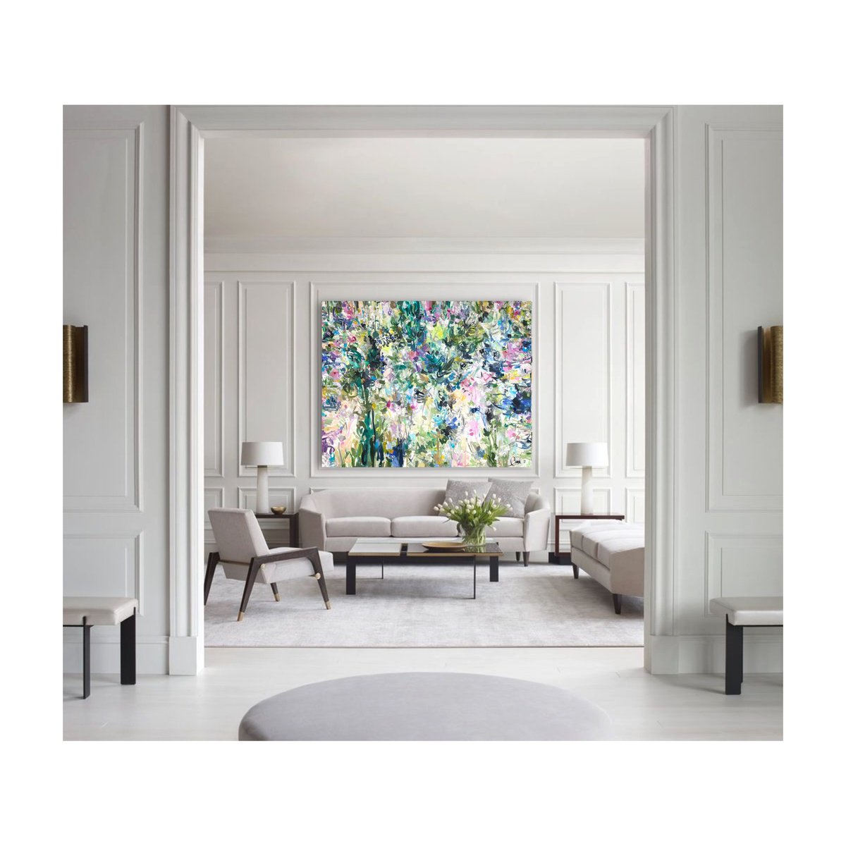 Abstract Landscape Acrylic Painting By Maria Esmar, 71 X 55", The Dream Garden, Original Artwork