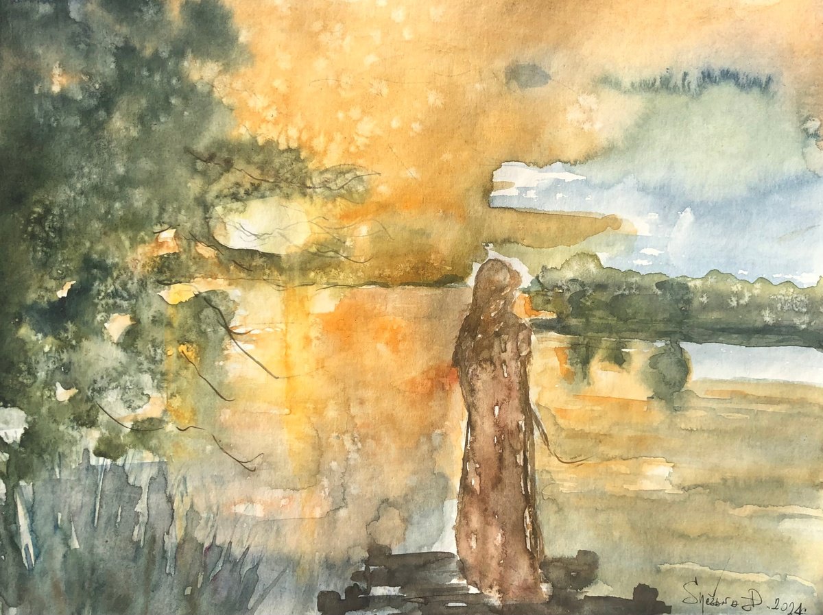 Impressionistic Portrait Watercolour By Snezana Djordjevic, 12 X 9", Warm Rain Over The Lake, Original Artwork