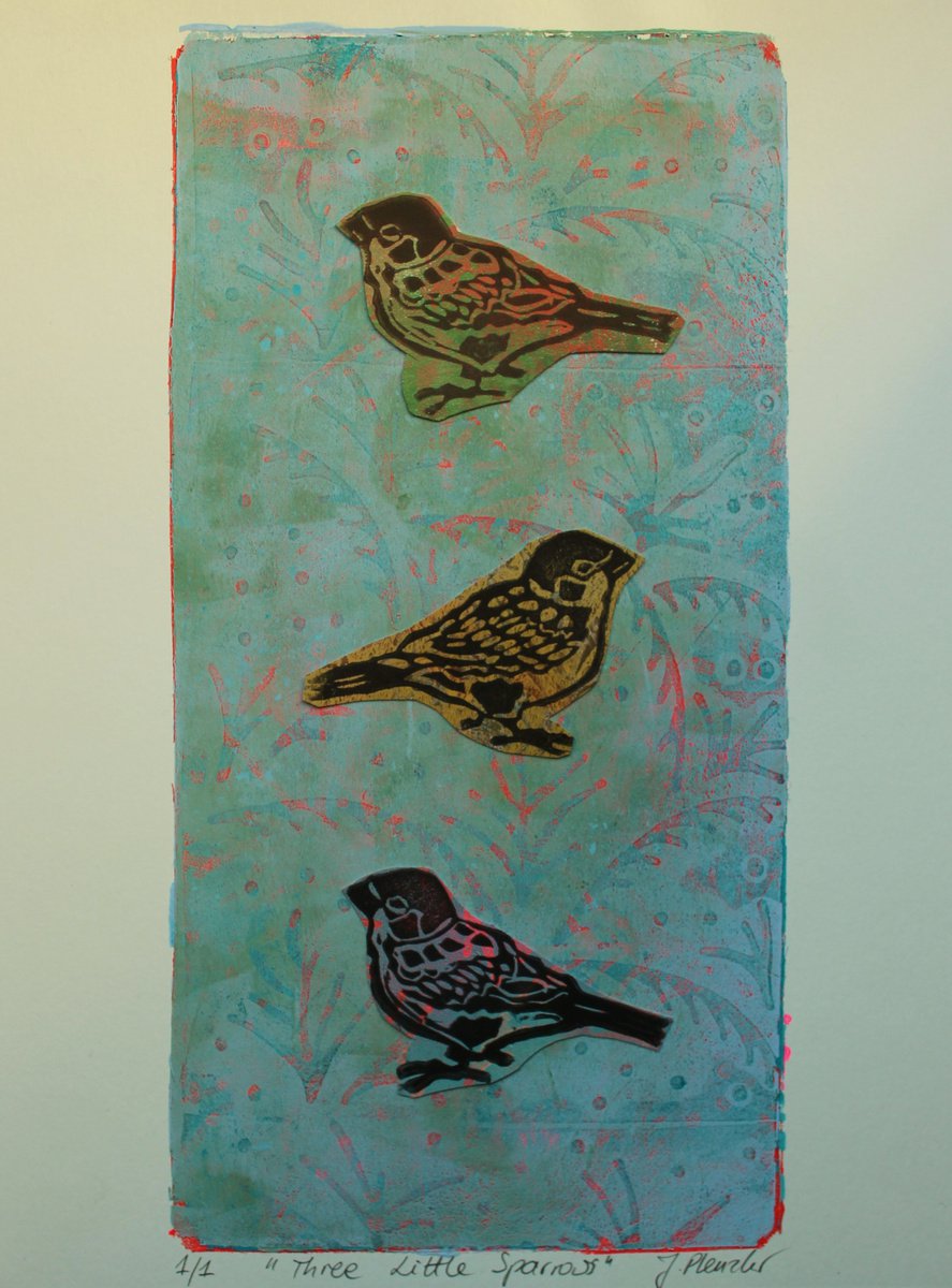 Three Little Sparrows (mixed media) by Joanna Plenzler