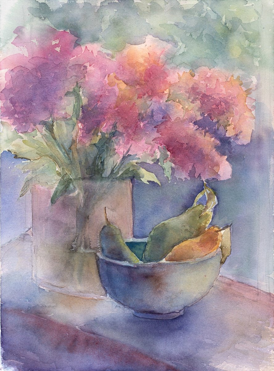 Impressionistic Still Life Watercolour By Oleksandra Skrypchenko, 11 X 15", Bouquet And Pears, Original Artwork