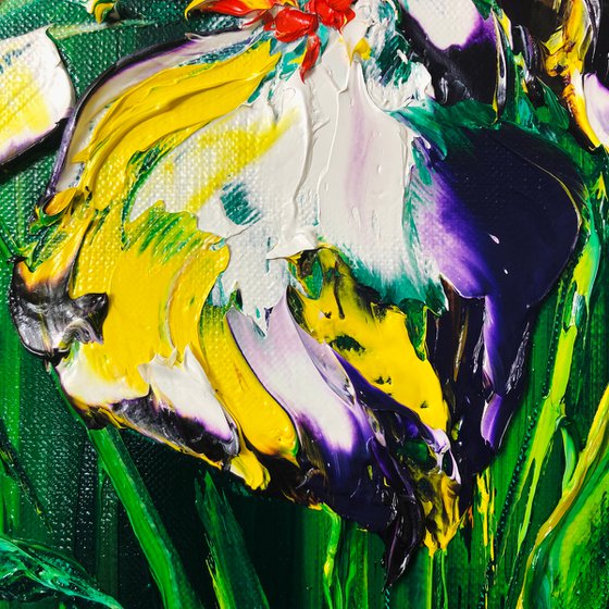 ROYAL IRIS - White irises. Bright green background. Summer flowers. Abstract bouquet. Gentle. Fresh. Wonderful.