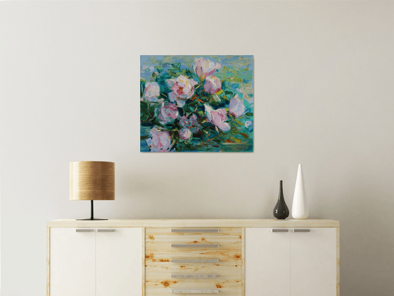 Peonies on blue a la prima