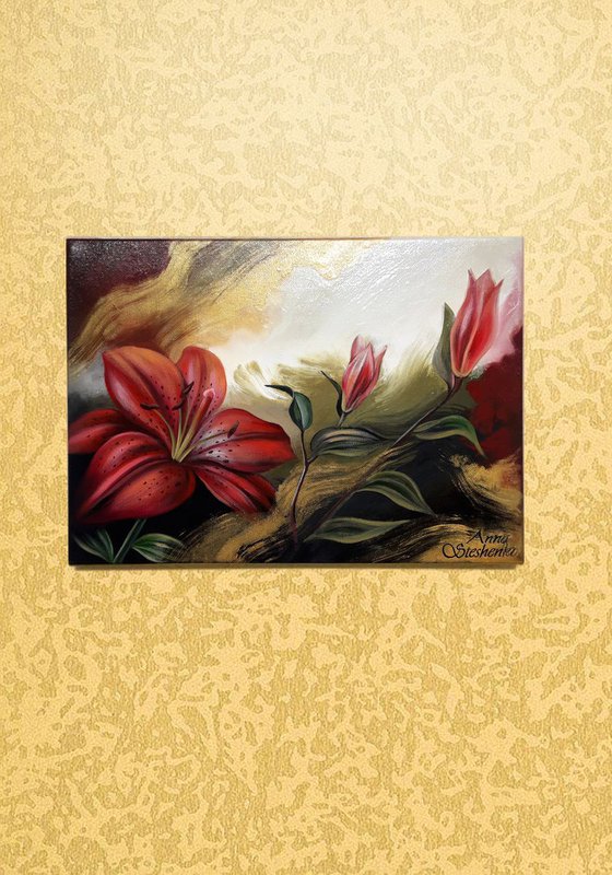 "Crimson fragrance", lilies flowers art, floral painting, mixed media art