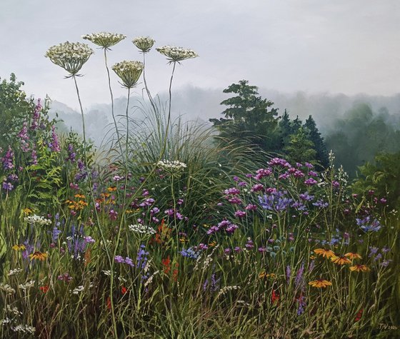 Flower garden. Oil painting.