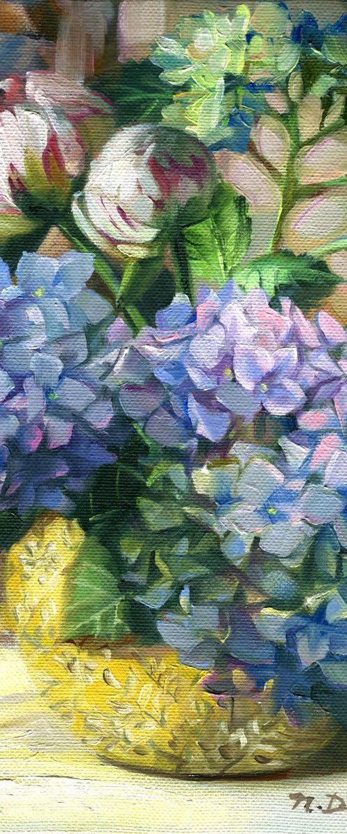 Blue hydrangea and peonies by Nataly Derevyanko