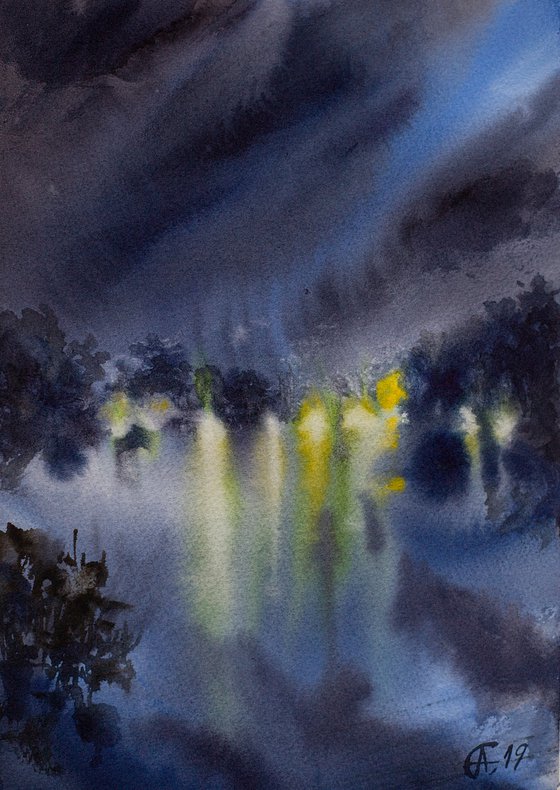 Autumn river in the night. Original watercolor small painting sunset blue sunset lights reflections