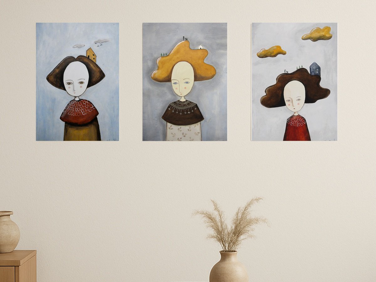 Illustrative Portrait Oil Painting By Silvia Beneforti, 25 X 12", Thinking About Home, Set Of 3, Original Artwork