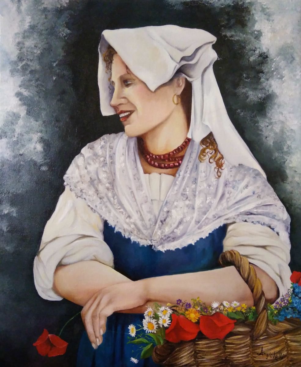 Photorealistic Portrait Oil Painting By Anna Rita Angiolelli, 20 X 24, Peasant Woman With Flowers, Original Artwork