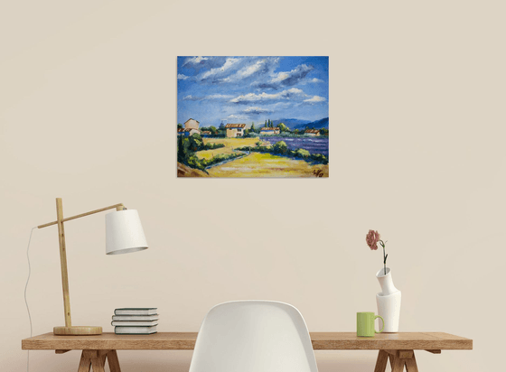Provence. Cloudy day. Original oil painting. Small size original purple blue sky provence france nature impressionism