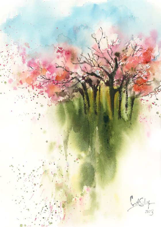 Spring Landscape with Pink Tree and Green Grass Watercolor Painting