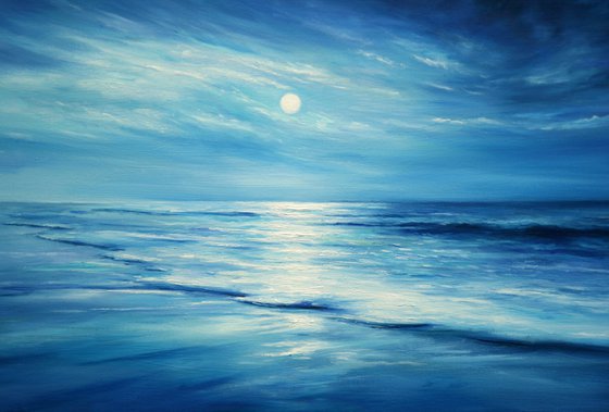 Original Oil Painting Seascape Waves Sea Night Moonlight Art size 5 x 7 inches