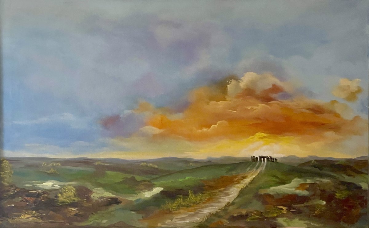 Expressive Landscape Acrylic Painting By Marja Brown, 33 X 21", Stonehenge Solstice, Original Artwork