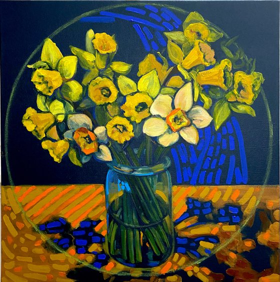 Still life with a jar of daffodils