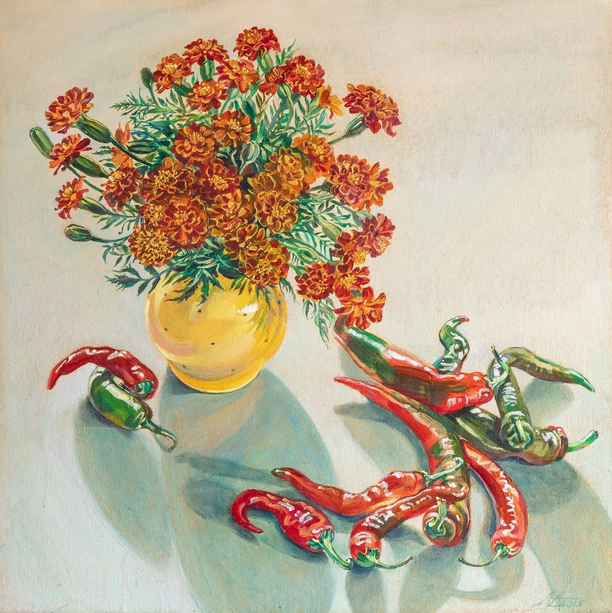 Photorealistic Still Life Oil Painting By Alona Lesnichenko, 22 X 22, Chili Peppers, Original Artwork