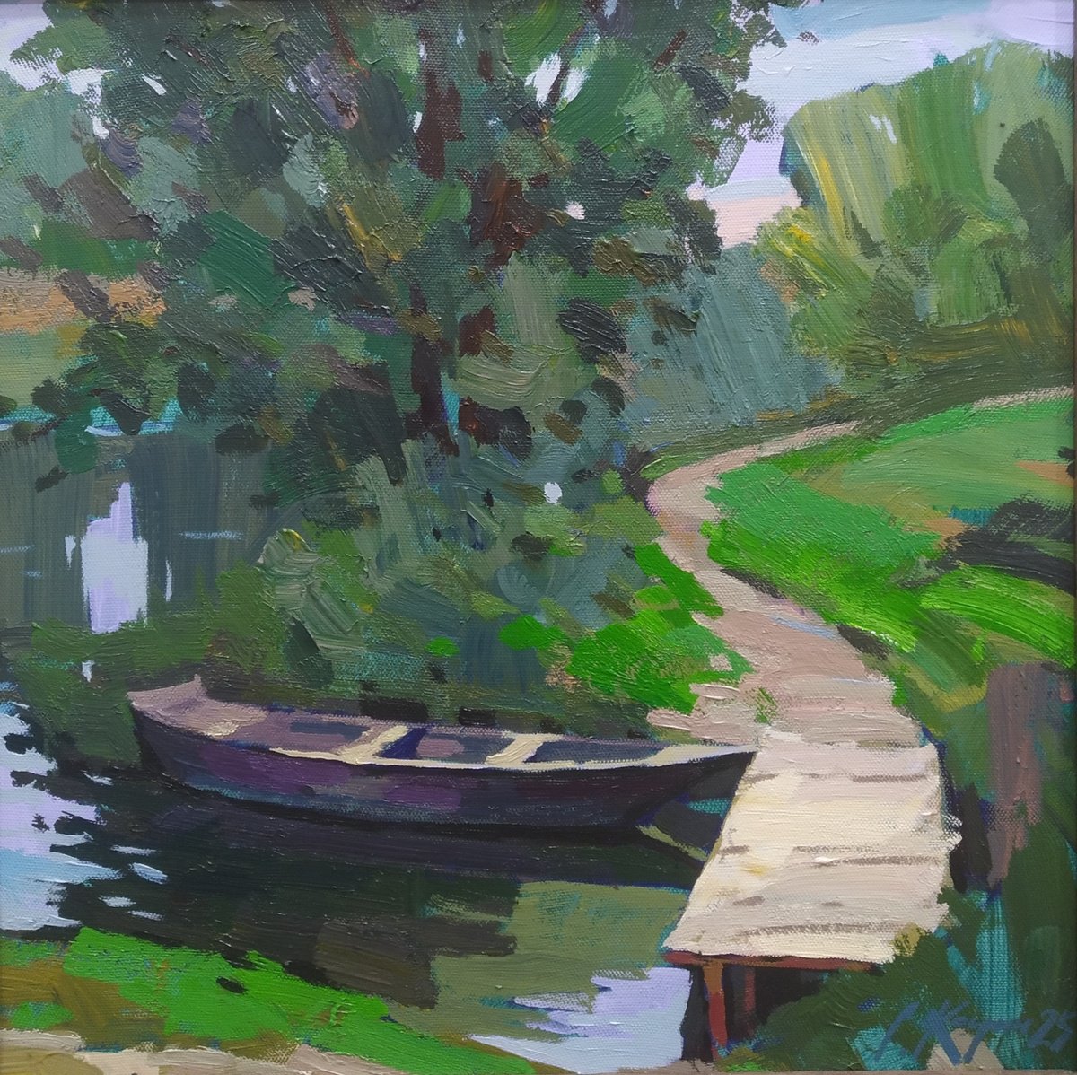 Impressionistic Landscape Acrylic Painting By Sergey Kachin, 24 X 24", Old Boat 2, Original Artwork