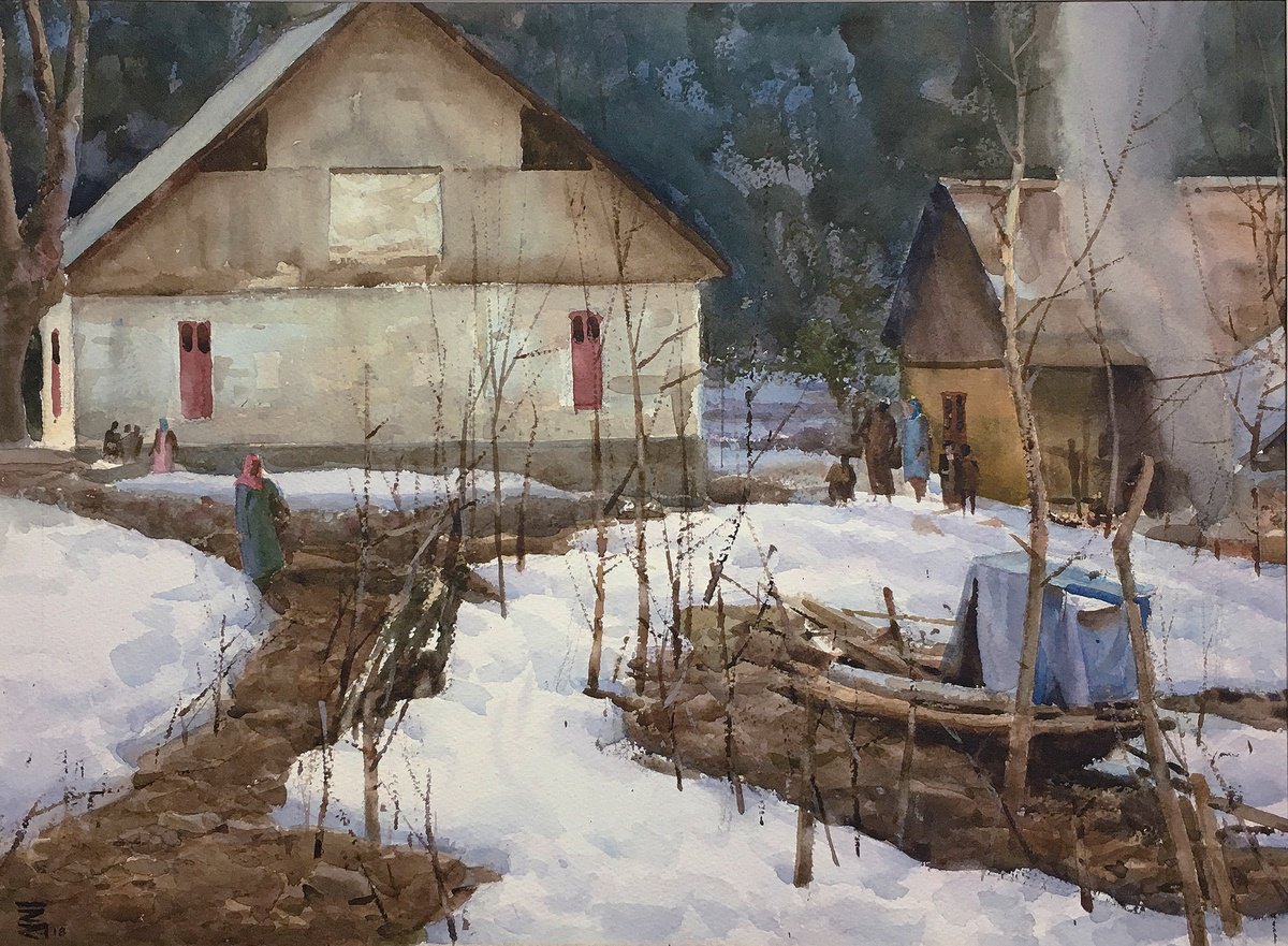 Impressionistic Landscape Watercolour By Riaz Samadhan, 19 X 14", Morning In Kashmir Valley - 1, Original Artwork