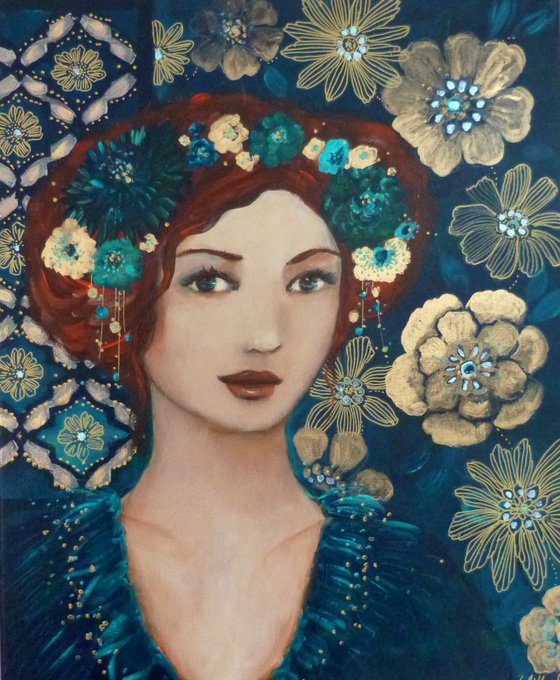 The precious blue woman portrait in an Art deco style.