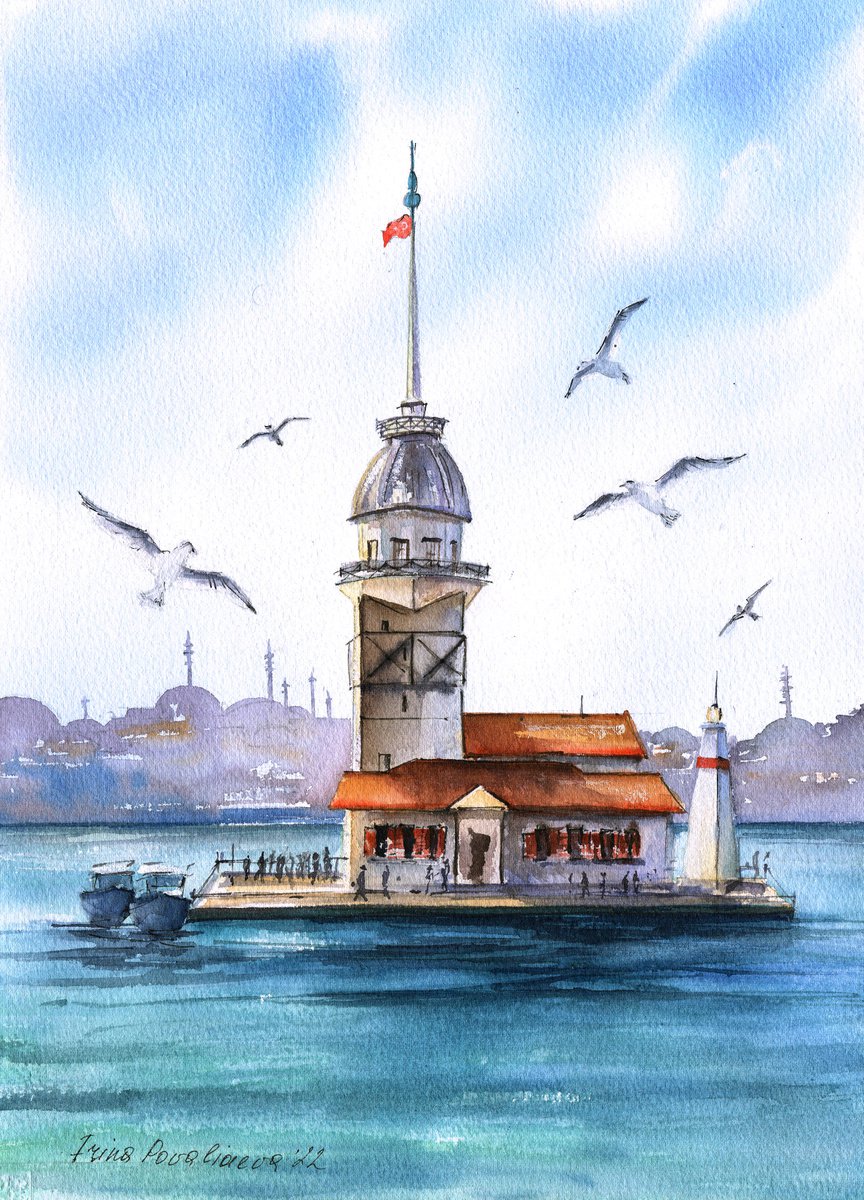 Seagulls at Bosphorus original waterolour landscape painting beach wall art sea artwork by Irina Povaliaeva