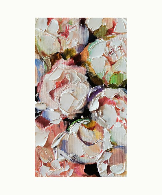 Сream Peonies flowers painting, Miniature painting on canvas