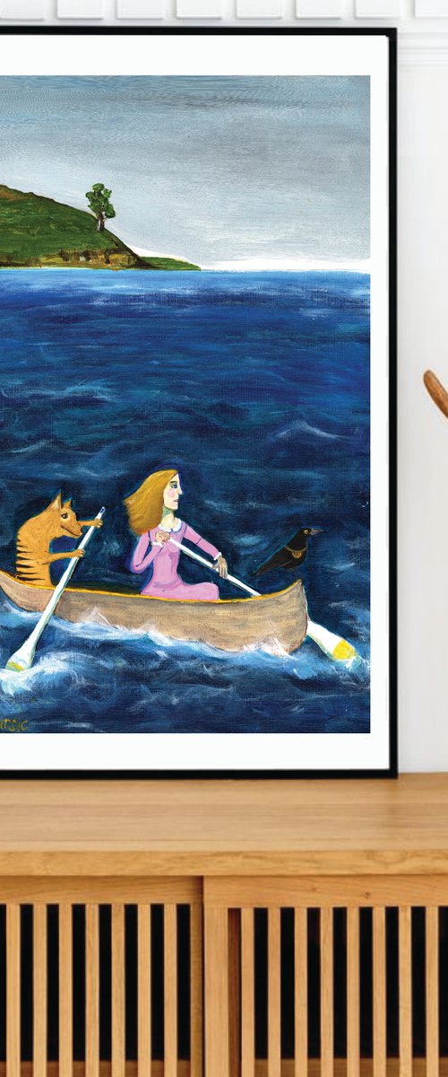Whimsical Artwork - Illustration Lady with Tasmanian Tiger in canoe boat bird by Sharyn Bursic